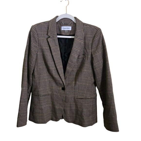 Calvin Klein Jackets & Blazers - Calvin Klein Brown Plaid One Button Classic Dark Academia Blazer Size 10